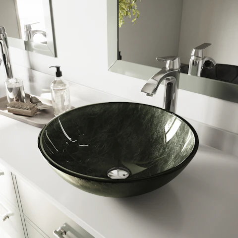 Glass Round Vessel Bathroom Sink in Onyx Gray with Linus Faucet and Pop-Up Drain - image 3 - other