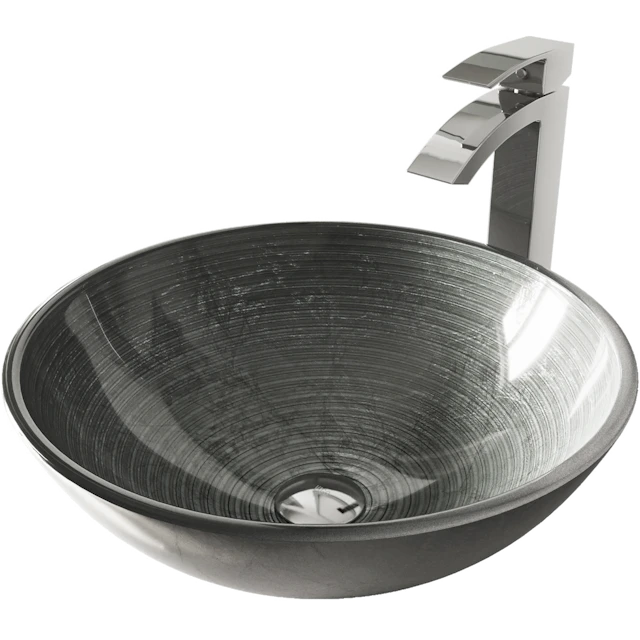Glass Round Vessel Bathroom Sink in Silver with Duris Faucet and Pop-Up Drain - angle 1 - other