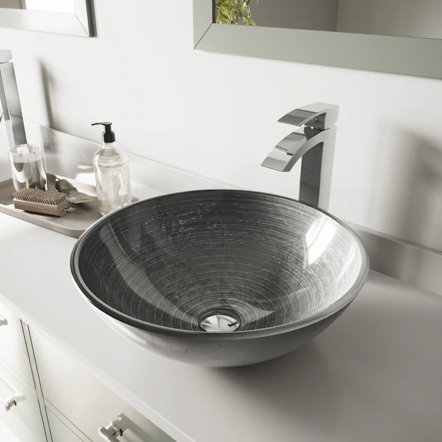 Glass Round Vessel Bathroom Sink in Silver with Duris Faucet and Pop-Up Drain - angle 3 - other