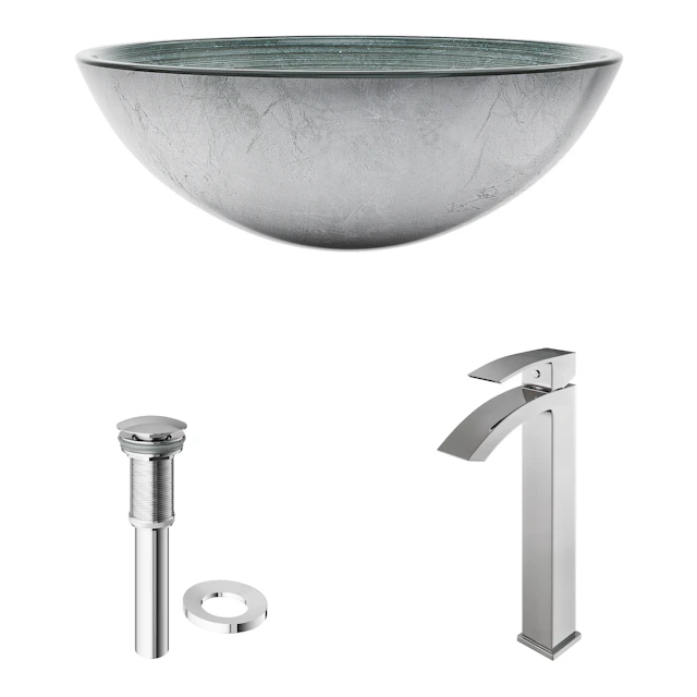 Glass Round Vessel Bathroom Sink in Silver with Duris Faucet and Pop-Up Drain - angle 4 - other