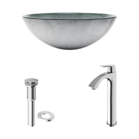 Glass Round Vessel Bathroom Sink in Silver with Linus Faucet and Pop-Up Drain - image 4 - other