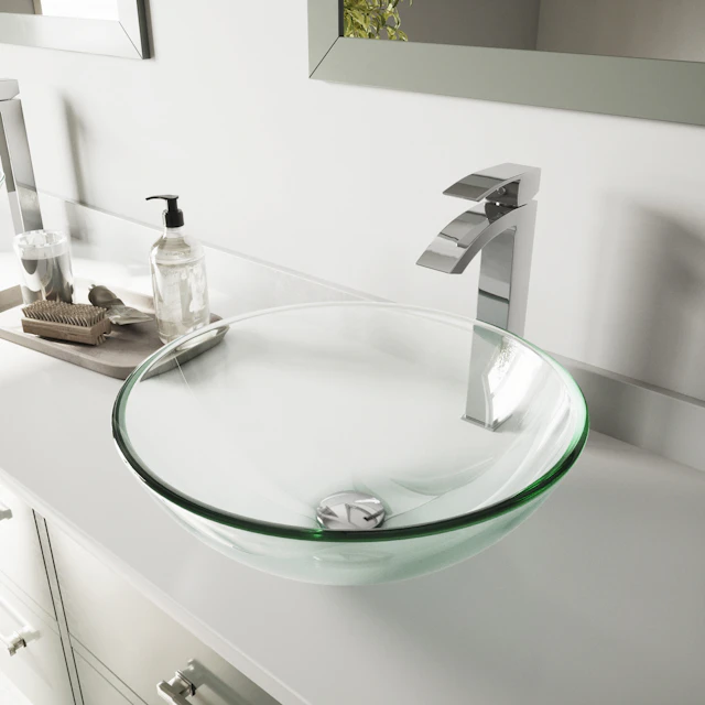 Glass Round Vessel Bathroom Sink in Iridescent with Duris Faucet and Pop-Up Drain - angle 3 - other
