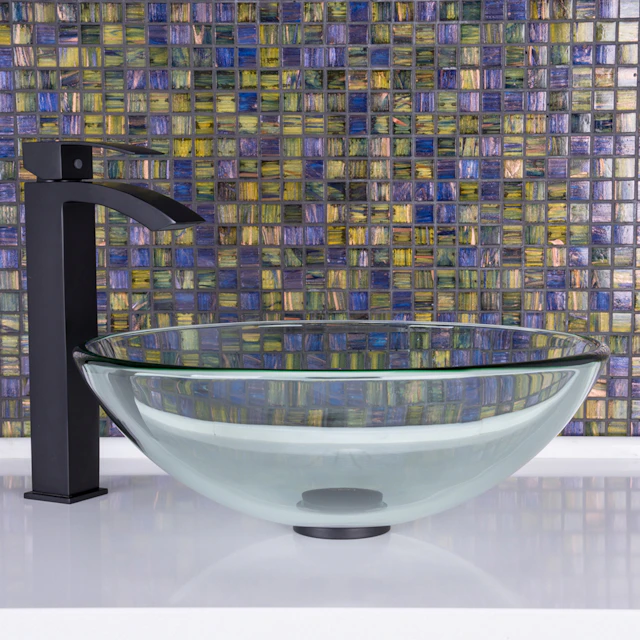 Glass Round Vessel Bathroom Sink in Iridescent with Duris Faucet and Pop-Up Drain - angle 2 - other