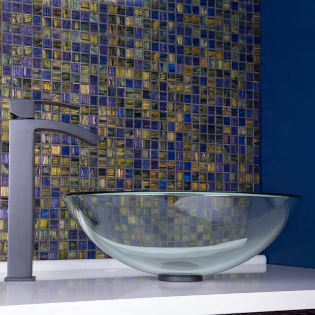 Glass Round Vessel Bathroom Sink in Iridescent with Duris Faucet and Pop-Up Drain - angle 3 - other