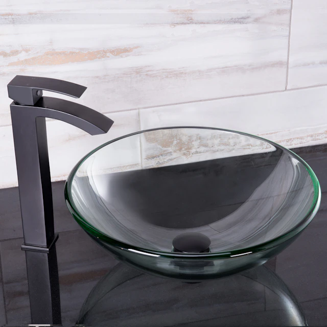 Glass Round Vessel Bathroom Sink in Iridescent with Duris Faucet and Pop-Up Drain - angle 4 - other