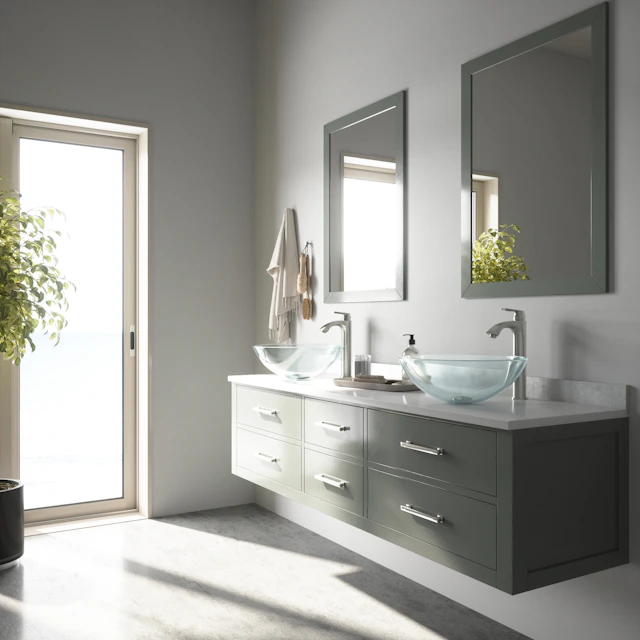 Glass Round Vessel Bathroom Sink in Iridescent with Linus Faucet and Pop-Up Drain - angle 2 - other