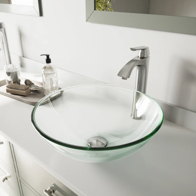 Glass Round Vessel Bathroom Sink in Iridescent with Linus Faucet and Pop-Up Drain - angle 3 - other