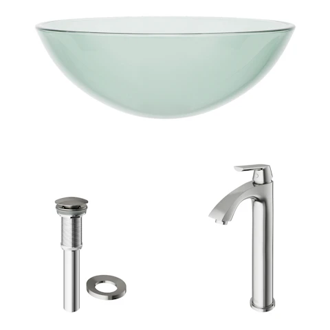 Glass Round Vessel Bathroom Sink in Iridescent with Linus Faucet and Pop-Up Drain - image 4 - other