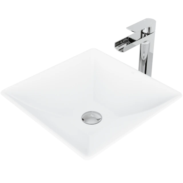 Matte Stone Hibiscus Composite Square Vessel Bathroom Sink in White with Amada Faucet and Pop-Up Drain - angle 1 - other