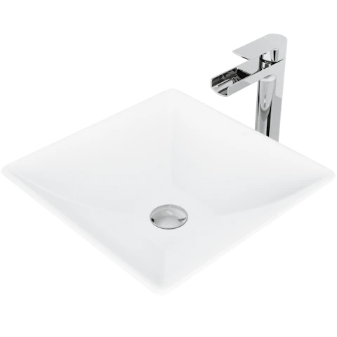 Matte Stone Hibiscus Composite Square Vessel Bathroom Sink in White with Amada Faucet and Pop-Up Drain - image 1 - other