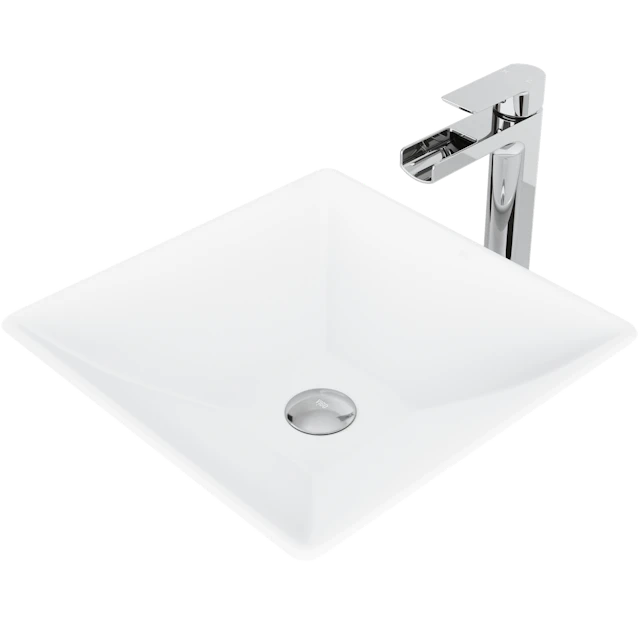 Matte Stone Hibiscus Composite Square Vessel Bathroom Sink in White with Amada Faucet and Pop-Up Drain - image 1 - other