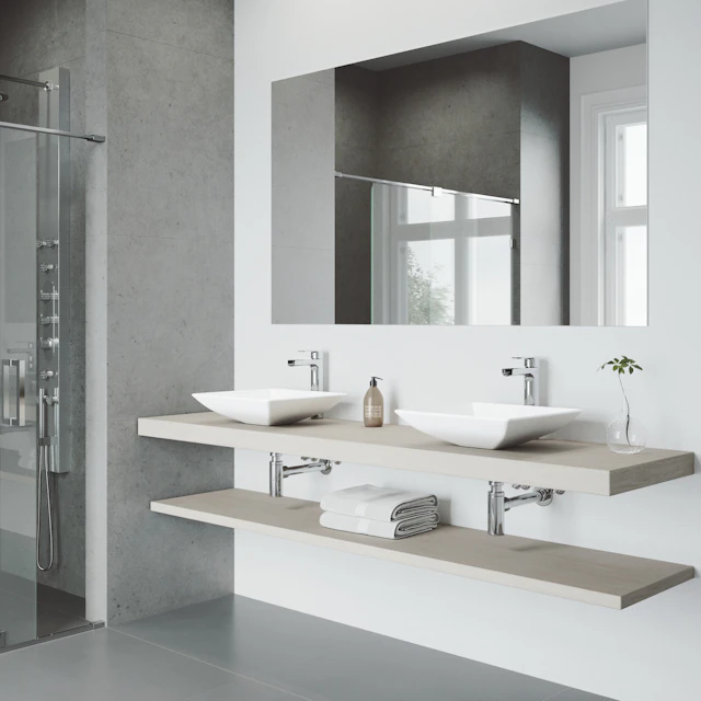 Matte Stone Hibiscus Composite Square Vessel Bathroom Sink in White with Amada Faucet and Pop-Up Drain - angle 2 - other