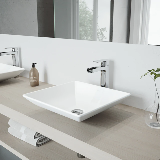 Matte Stone Hibiscus Composite Square Vessel Bathroom Sink in White with Amada Faucet and Pop-Up Drain - angle 3 - other