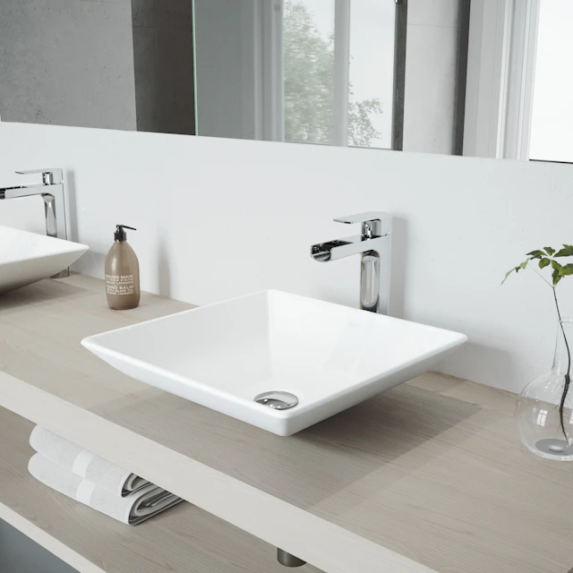 Matte Stone Hibiscus Composite Square Vessel Bathroom Sink in White with Amada Faucet and Pop-Up Drain - image 3 - other