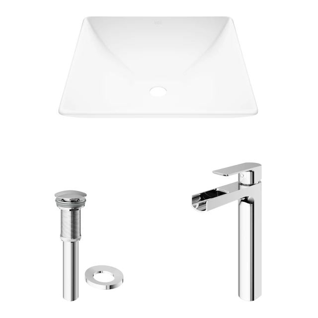 Matte Stone Hibiscus Composite Square Vessel Bathroom Sink in White with Amada Faucet and Pop-Up Drain - angle 4 - other