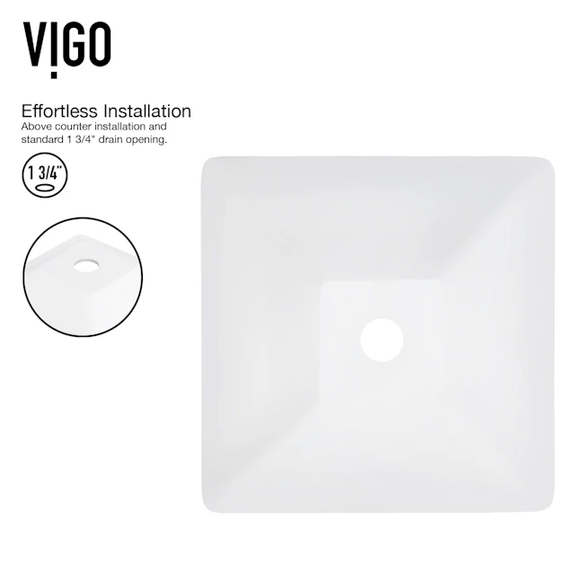 Matte Stone Hibiscus Composite Square Vessel Bathroom Sink in White with Amada Faucet and Pop-Up Drain - angle 5 - other