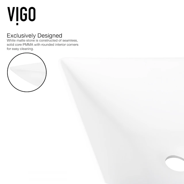 Matte Stone Hibiscus Composite Square Vessel Bathroom Sink in White with Amada Faucet and Pop-Up Drain - angle 7 - other