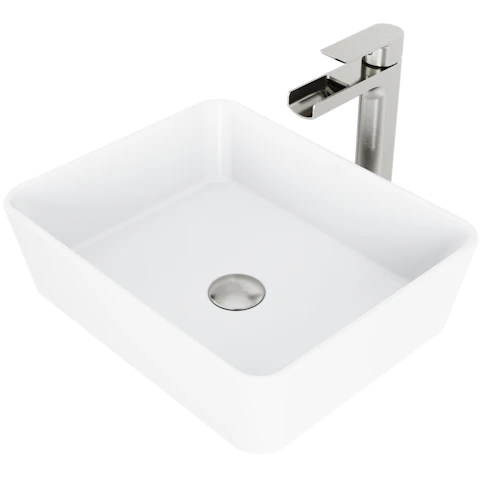 Matte Stone Marigold Composite Rectangular Vessel Bathroom Sink in White with Faucet and Pop-Up Drain - image 1 - other