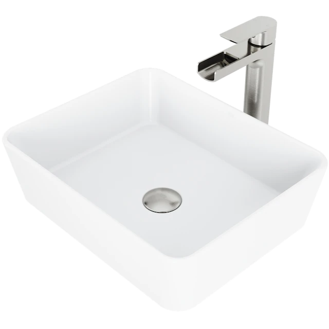Matte Stone Marigold Composite Rectangular Vessel Bathroom Sink in White with Faucet and Pop-Up Drain - image 1 - other