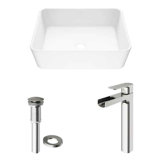 Matte Stone Marigold Composite Rectangular Vessel Bathroom Sink in White with Faucet and Pop-Up Drain - angle 4 - other