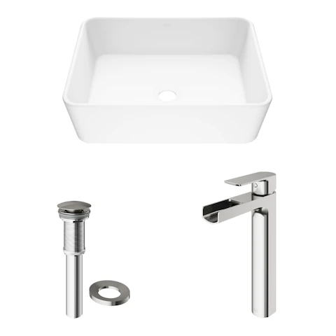 Matte Stone Marigold Composite Rectangular Vessel Bathroom Sink in White with Faucet and Pop-Up Drain - image 4 - other