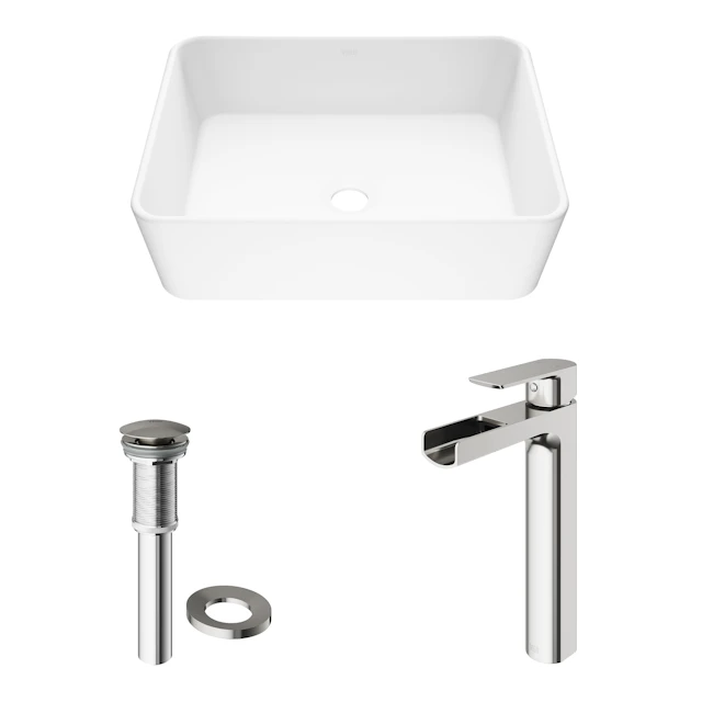 Matte Stone Marigold Composite Rectangular Vessel Bathroom Sink in White with Faucet and Pop-Up Drain - image 4 - other