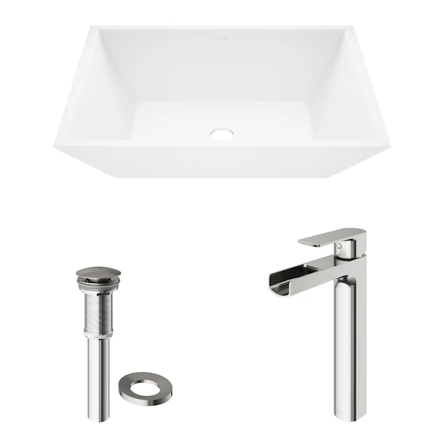 Matte Stone Vinca Composite Rectangular Vessel Bathroom Sink in White with Faucet and Pop-Up Drain - angle 4 - other