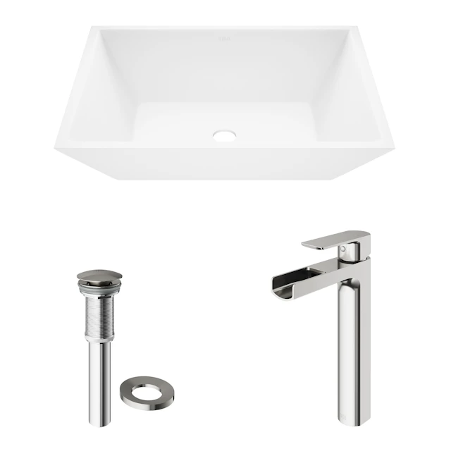 Matte Stone Vinca Composite Rectangular Vessel Bathroom Sink in White with Faucet and Pop-Up Drain - image 4 - other