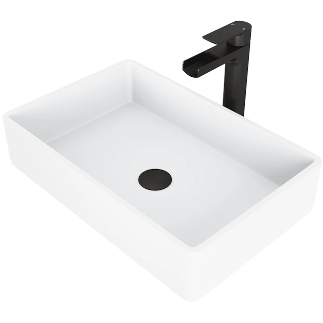 Matte Stone Magnolia Composite Rectangular Vessel Bathroom Sink in White with Faucet and Pop-Up Drain - angle 1 - other