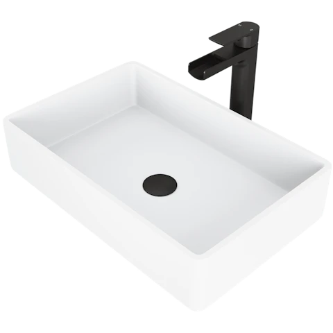 Matte Stone Magnolia Composite Rectangular Vessel Bathroom Sink in White with Faucet and Pop-Up Drain - image 1 - other
