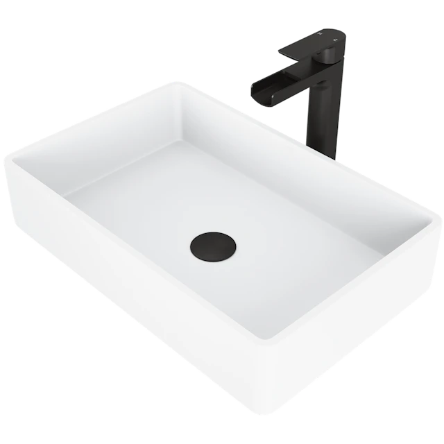 Matte Stone Magnolia Composite Rectangular Vessel Bathroom Sink in White with Faucet and Pop-Up Drain - image 1 - other