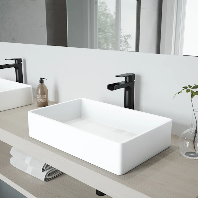 Matte Stone Magnolia Composite Rectangular Vessel Bathroom Sink in White with Faucet and Pop-Up Drain - angle 3 - other