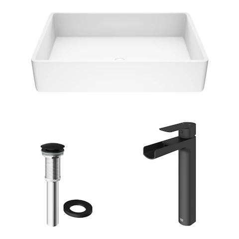 Matte Stone Magnolia Composite Rectangular Vessel Bathroom Sink in White with Faucet and Pop-Up Drain - image 4 - other