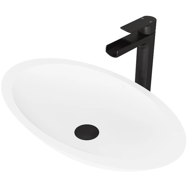 Matte Stone Wisteria Composite Oval Vessel Bathroom Sink in White with Amada Faucet and Pop-Up Drain - angle 1 - other
