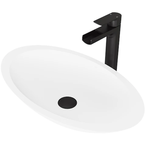 Matte Stone Wisteria Composite Oval Vessel Bathroom Sink in White with Amada Faucet and Pop-Up Drain - image 1 - other