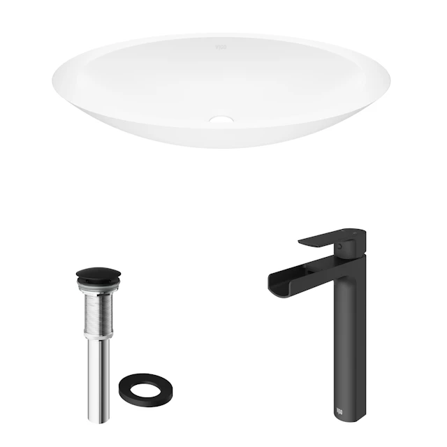 Matte Stone Wisteria Composite Oval Vessel Bathroom Sink in White with Amada Faucet and Pop-Up Drain - angle 4 - other