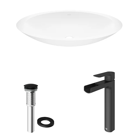 Matte Stone Wisteria Composite Oval Vessel Bathroom Sink in White with Amada Faucet and Pop-Up Drain - image 4 - other