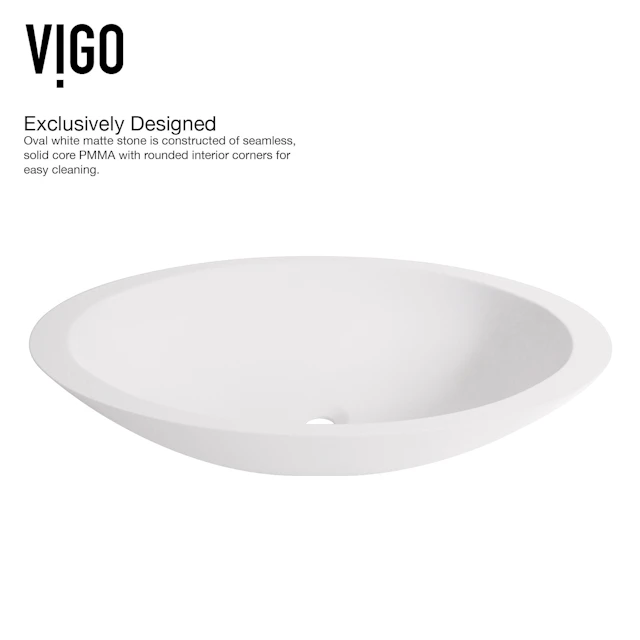 Matte Stone Wisteria Composite Oval Vessel Bathroom Sink in White with Amada Faucet and Pop-Up Drain - angle 7 - other