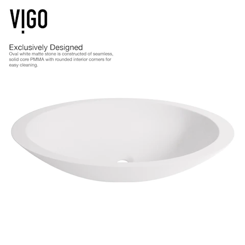 Matte Stone Wisteria Composite Oval Vessel Bathroom Sink in White with Amada Faucet and Pop-Up Drain - image 7 - other