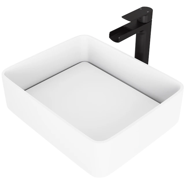 Matte Stone Jasmine Composite Rectangular Vessel Bathroom Sink in White with Faucet and Pop-Up Drain - angle 1 - other