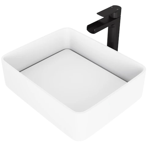 Matte Stone Jasmine Composite Rectangular Vessel Bathroom Sink in White with Faucet and Pop-Up Drain - image 1 - other