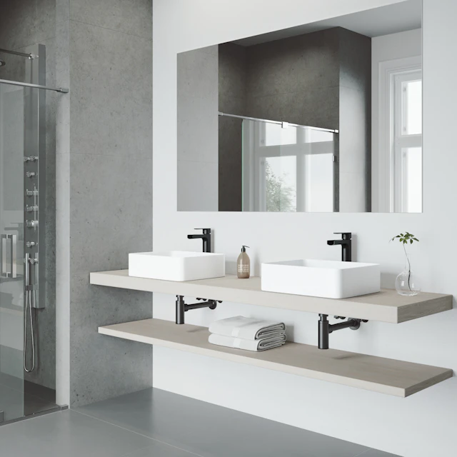 Matte Stone Jasmine Composite Rectangular Vessel Bathroom Sink in White with Faucet and Pop-Up Drain - angle 2 - other