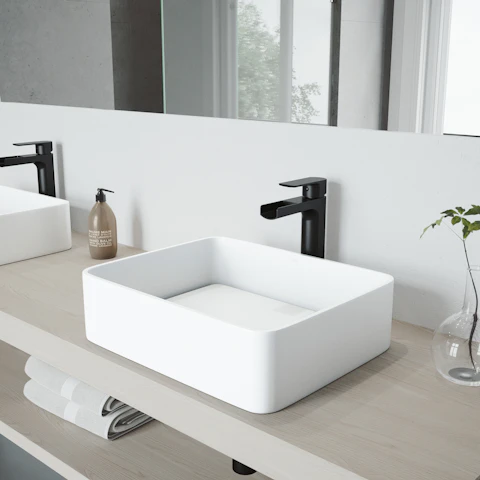 Matte Stone Jasmine Composite Rectangular Vessel Bathroom Sink in White with Faucet and Pop-Up Drain - image 3 - other