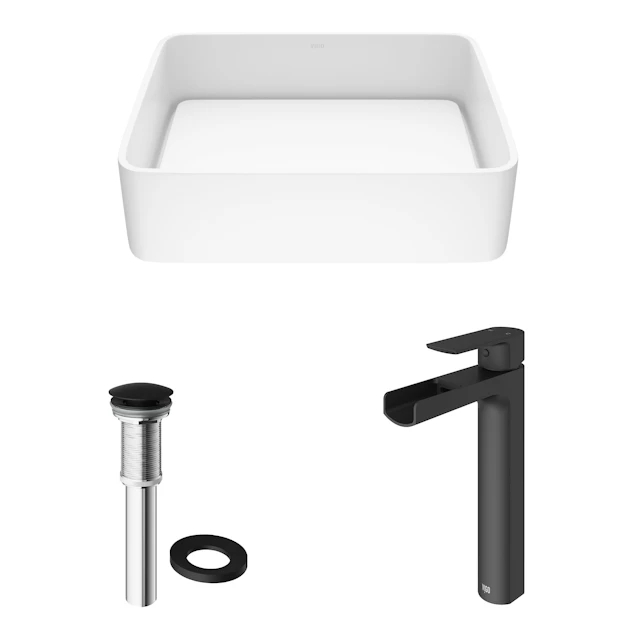 Matte Stone Jasmine Composite Rectangular Vessel Bathroom Sink in White with Faucet and Pop-Up Drain - angle 4 - other