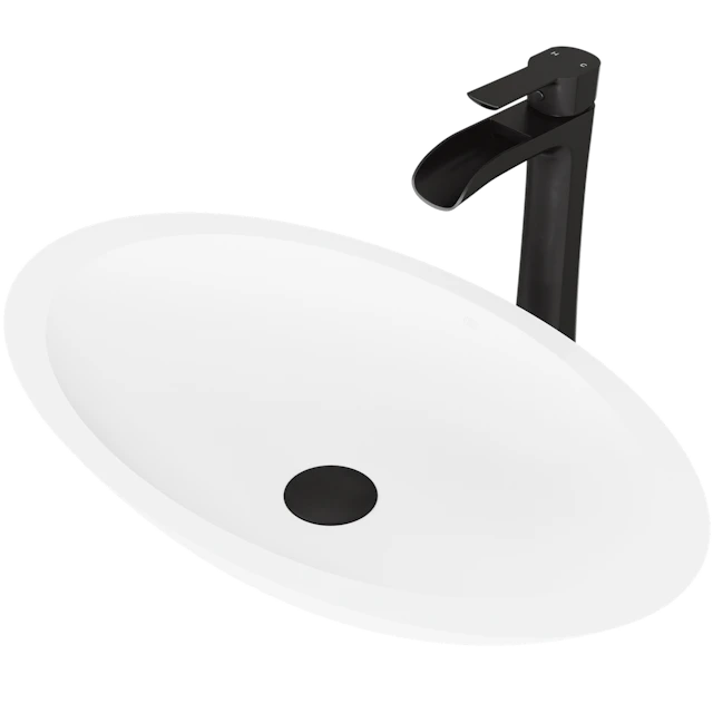 Matte Stone Wisteria Composite Oval Vessel Bathroom Sink in White with Niko Faucet and Pop-Up Drain - angle 1 - other