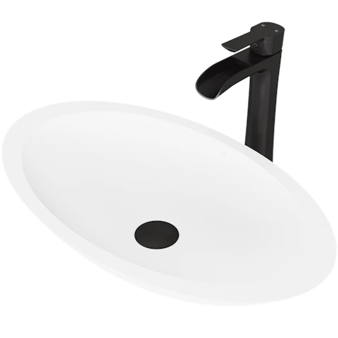 Matte Stone Wisteria Composite Oval Vessel Bathroom Sink in White with Niko Faucet and Pop-Up Drain - image 1 - other