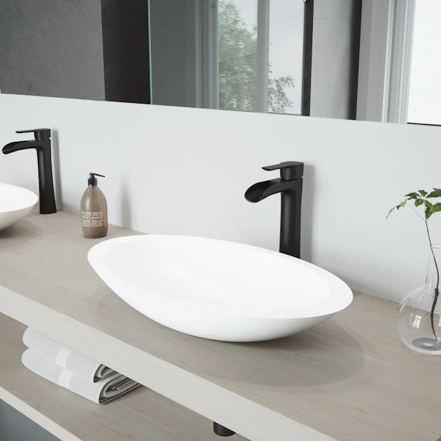 Matte Stone Wisteria Composite Oval Vessel Bathroom Sink in White with Niko Faucet and Pop-Up Drain - angle 3 - other