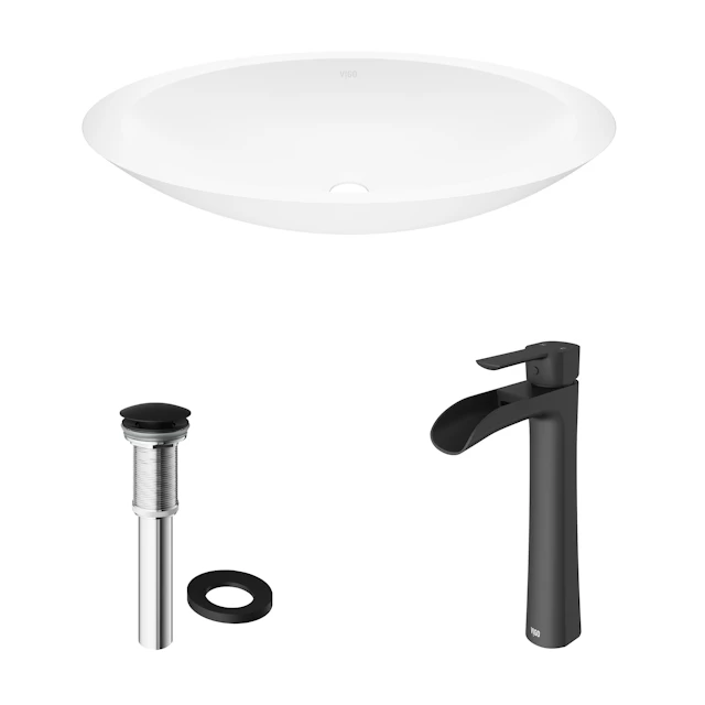 Matte Stone Wisteria Composite Oval Vessel Bathroom Sink in White with Niko Faucet and Pop-Up Drain - angle 4 - other
