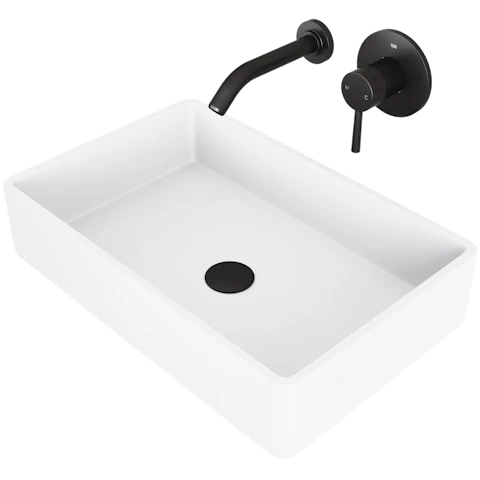 Matte Stone Magnolia Composite Rectangular Vessel Bathroom Sink in White with Faucet and Pop-Up Drain - image 1 - other