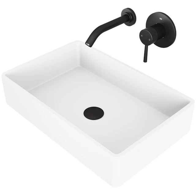 Matte Stone Magnolia Composite Rectangular Vessel Bathroom Sink in White with Faucet and Pop-Up Drain - image 1 - other